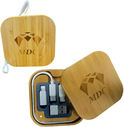 Bamboo Charging Multi - Data Cable Storage Box 60W Fast Charging for Smartphones and Tablets with USB-C Connectivity