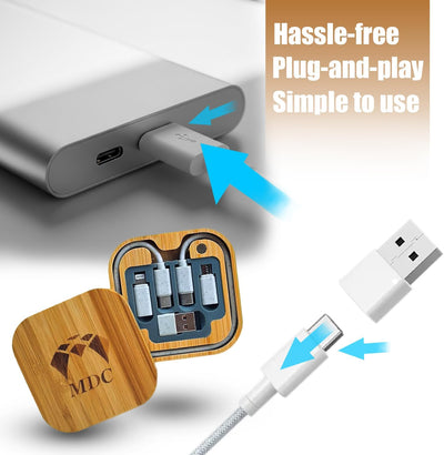 Bamboo Charging Multi - Data Cable Storage Box 60W Fast Charging for Smartphones and Tablets with USB-C Connectivity