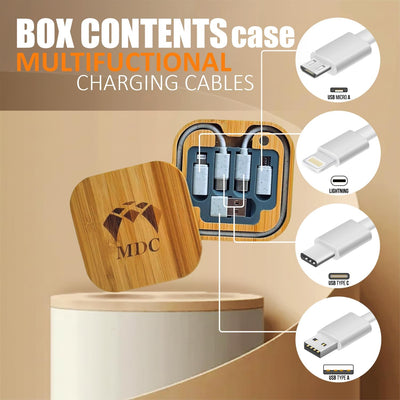 Bamboo Charging Multi - Data Cable Storage Box 60W Fast Charging for Smartphones and Tablets with USB-C Connectivity