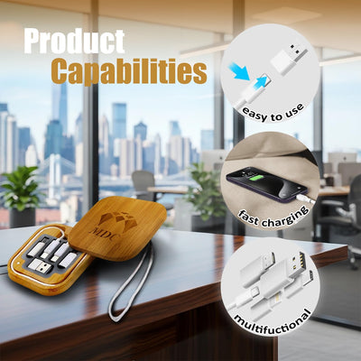 Bamboo Charging Multi - Data Cable Storage Box 60W Fast Charging for Smartphones and Tablets with USB-C Connectivity