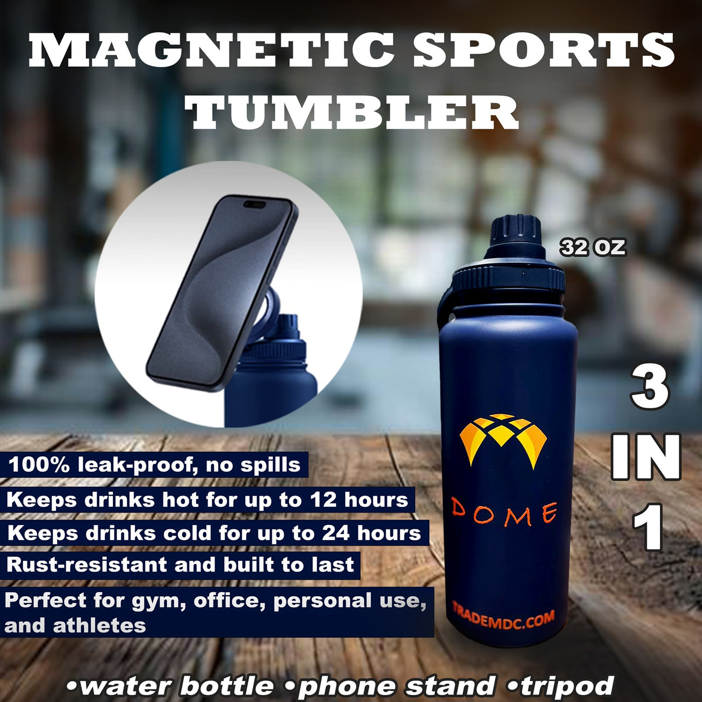 Insulated Water Bottle with Magnetic Phone Holder – Leakproof Stainless Steel Thermos Flask – Hot 12 H/Cold 24 H – Gym, Office & Outdoor Use - 32 oz