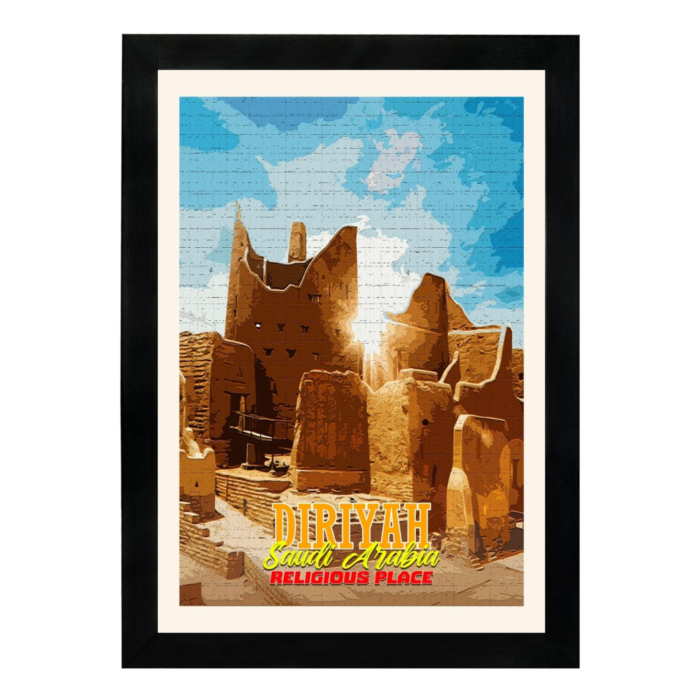 MD Art Collections | Religious Places of Saudi Arabia Wall Art – Mecca, The Grand Mosque, Mount Arafat, Jabal al-Nour, Medina & Diriyah | A4/A3 with Black or Mahogany Wood PVC Frame
