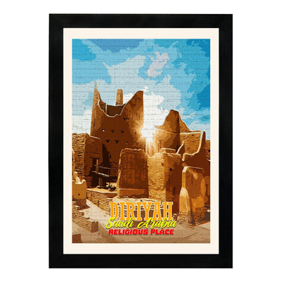 MD Art Collections | Religious Places of Saudi Arabia Wall Art – Mecca, The Grand Mosque, Mount Arafat, Jabal al-Nour, Medina & Diriyah | A4/A3 with Black or Mahogany Wood PVC Frame