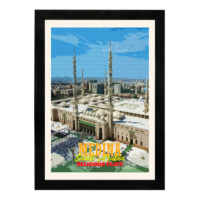 MD Art Collections | Religious Places of Saudi Arabia Wall Art – Mecca, The Grand Mosque, Mount Arafat, Jabal al-Nour, Medina & Diriyah | A4/A3 with Black or Mahogany Wood PVC Frame