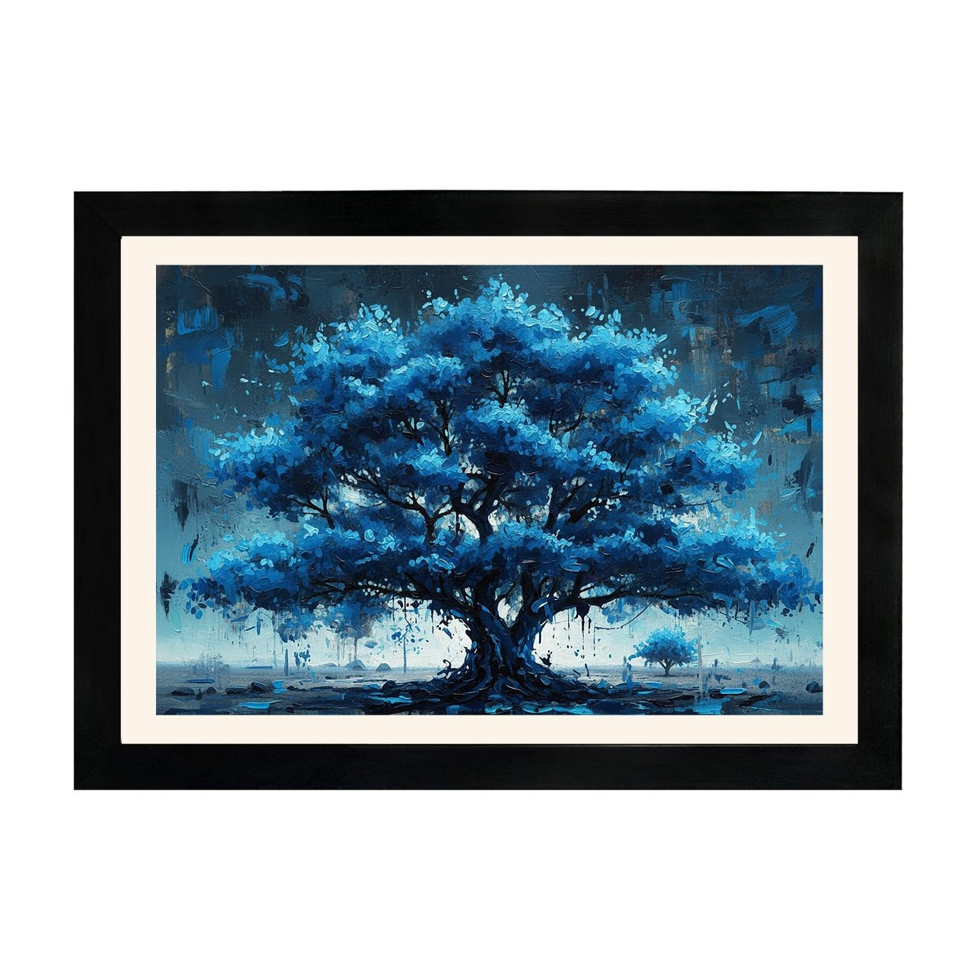 MD Art Collections – Nature Abstract Wall Art | Blue Tree, Lake, White Daisy, White Flower & Red Birch Tree – A3/A4 with Black or Mahogany Wood Frame