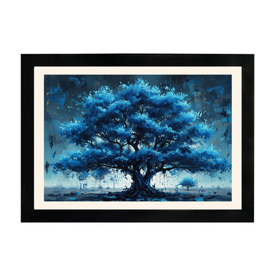 MD Art Collections – Nature Abstract Wall Art | Blue Tree, Lake, White Daisy, White Flower & Red Birch Tree – A3/A4 with Black or Mahogany Wood Frame