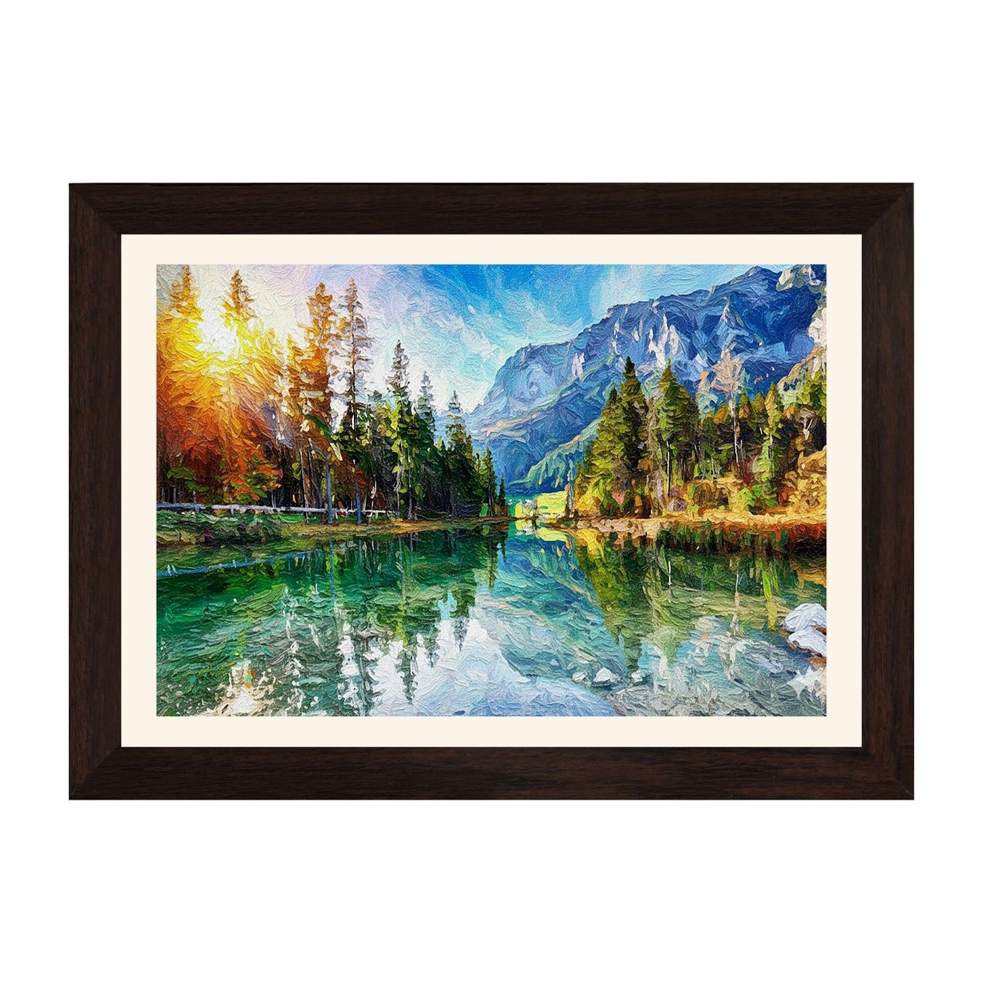 MD Art Collections – Nature Abstract Wall Art | Blue Tree, Lake, White Daisy, White Flower & Red Birch Tree – A3/A4 with Black or Mahogany Wood Frame