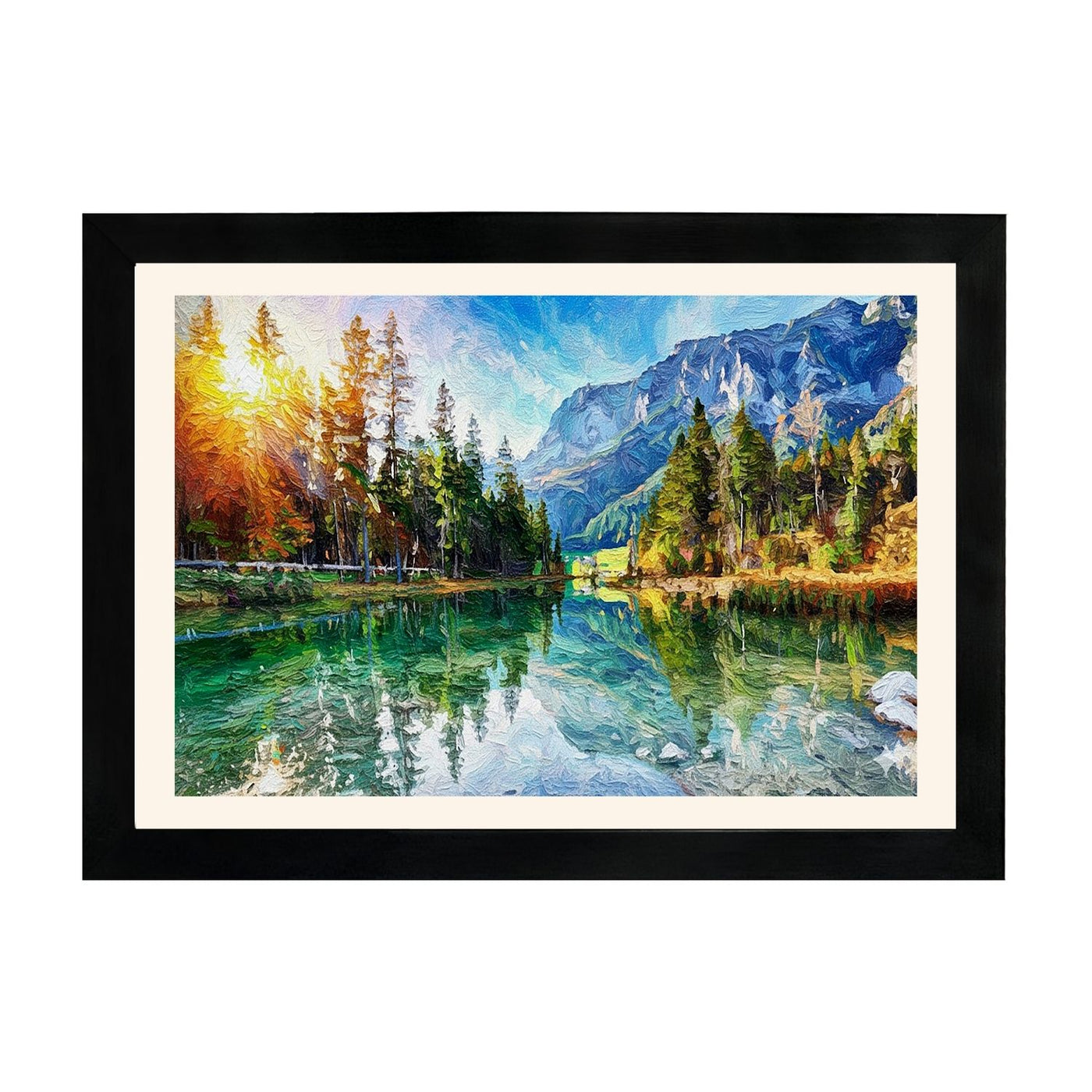 MD Art Collections – Nature Abstract Wall Art | Blue Tree, Lake, White Daisy, White Flower & Red Birch Tree – A3/A4 with Black or Mahogany Wood Frame