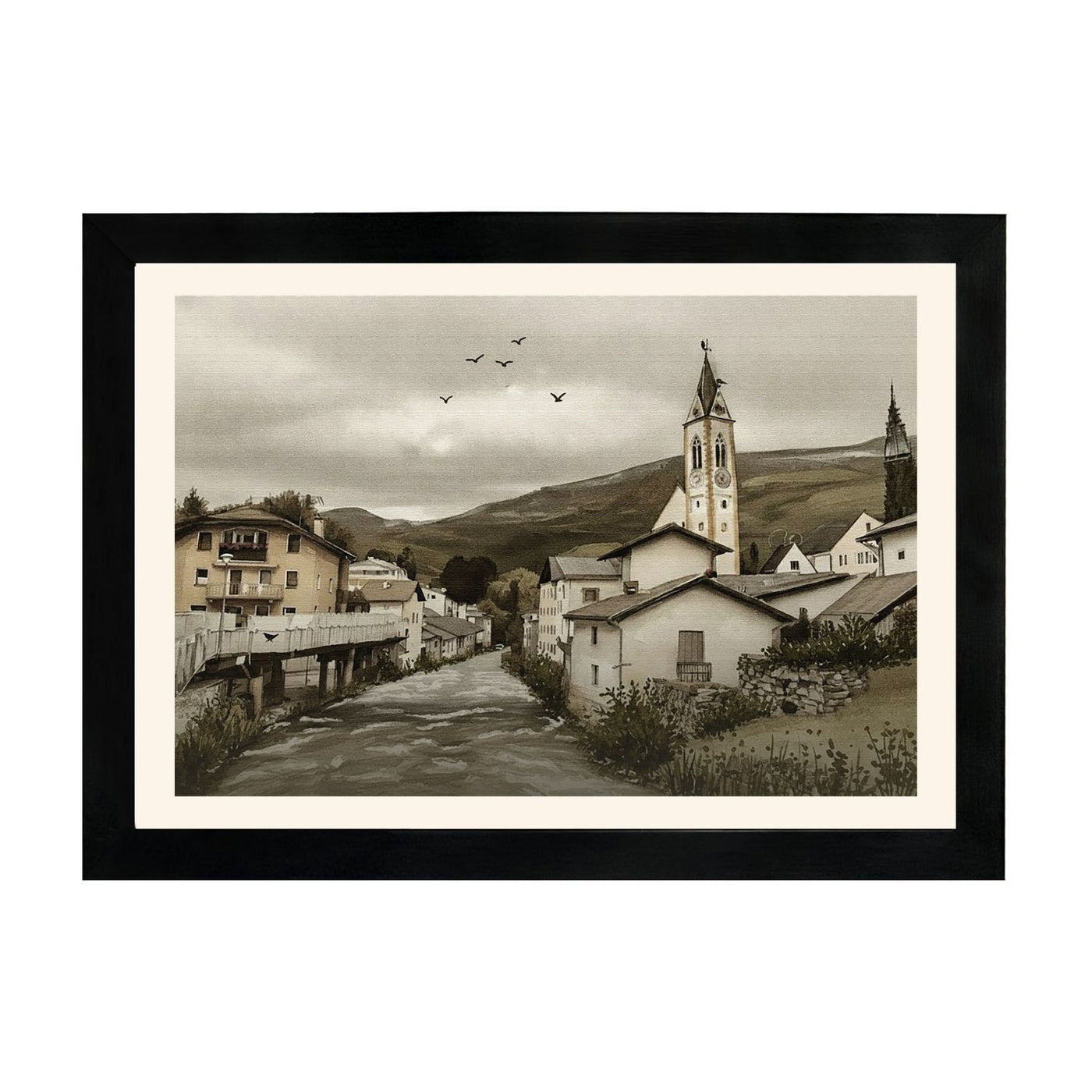 MD Art Collections – Retro Countryside Wall Art | Autumn, Coastal, Village, Wildflower & Mountain Scenes | A4/A3 Black or Mahogany Wood PVC Frame