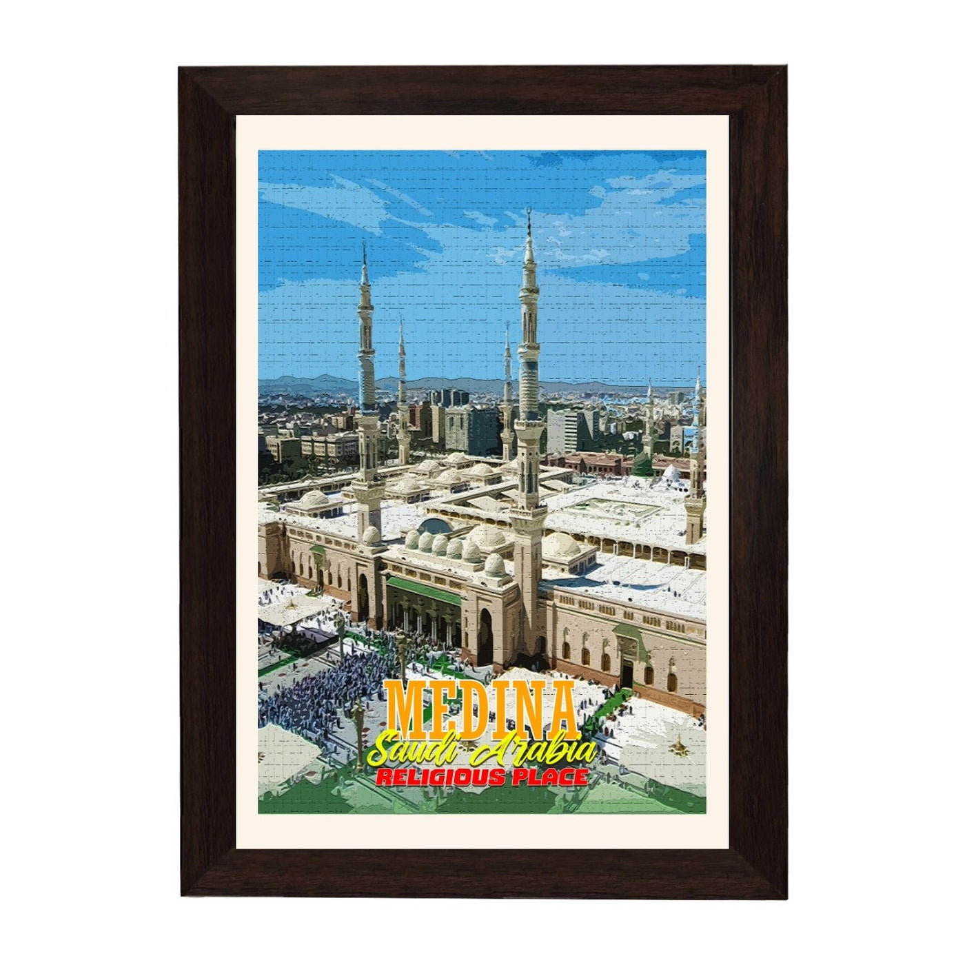MD Art Collections | Religious Places of Saudi Arabia Wall Art – Mecca, The Grand Mosque, Mount Arafat, Jabal al-Nour, Medina & Diriyah | A4/A3 with Black or Mahogany Wood PVC Frame