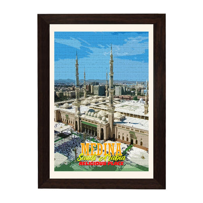MD Art Collections | Religious Places of Saudi Arabia Wall Art – Mecca, The Grand Mosque, Mount Arafat, Jabal al-Nour, Medina & Diriyah | A4/A3 with Black or Mahogany Wood PVC Frame